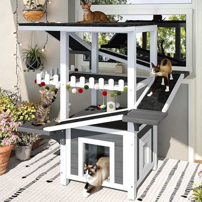 4-Tier Outdoor Cat House Weatherproof Wooden Outside Cat Tree Tower with Ramps, Scratching Post & Enclosed Shelter, Multi-Level Feral Cat Shelter for Indoor Outdoor,Grey White