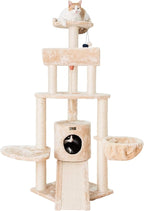 Armarkat Beige Cat Tower 58 Inches with Basket Lounge, Ramp, Condo, Thick Sisal Rope, Real Pressed Wood Base, Faux Fur Covering for Indoor Cats