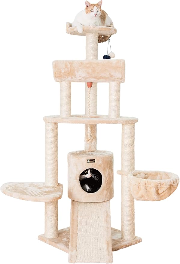 Armarkat Beige Cat Tower 58 Inches with Basket Lounge, Ramp, Condo, Thick Sisal Rope, Real Pressed Wood Base, Faux Fur Covering for Indoor Cats