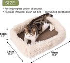 Fluffy Cat Scratcher Lounge Box with Removable Cardboard,Cat Rectangular Bed with Corrugated Board, Pet Scratching Pad for Furniture Protection, Training Toy (Beige)