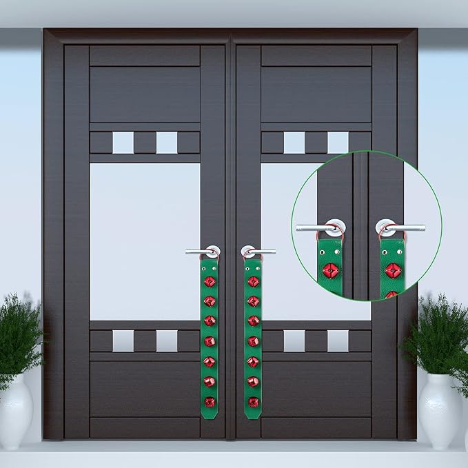 Frienda Hanging Jingle Sleigh Bells 7-Bell Dog Doorbells for Door Knob Faux Leather Belts Go Outside Dog Bells Christmas Decor and Holiday Decorations, 18.7 x 1.8 x 1 Inches(Green with Red)
