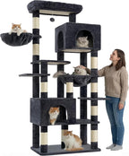 Heybly Cat Tree, 76-Inch Tall Heavy Duty Cat Tower for Big Cats with Extra Wide Baseboard, Multi-Level Large Cat Furniture with 2 Condos & 2 Hammocks, 10 Scratching Posts, Smoky Gray HCT039G