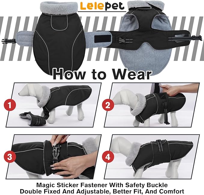 Lelepet Warm Dog Coats for Large Dogs Waterproof Dog Jacket Reflective Pet Fleece Vest Windproof Cold Weather Coats with Adjustable Buckle & Leash Hole, Black, XXXL