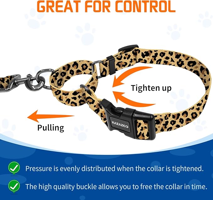 Kazazoo Martingale Collar for Dogs with Quick Release Buckle Adjustable Soft Durable Dog Collar for Small Medium Large No Pull Training Dog Collars-Brown Leopard S