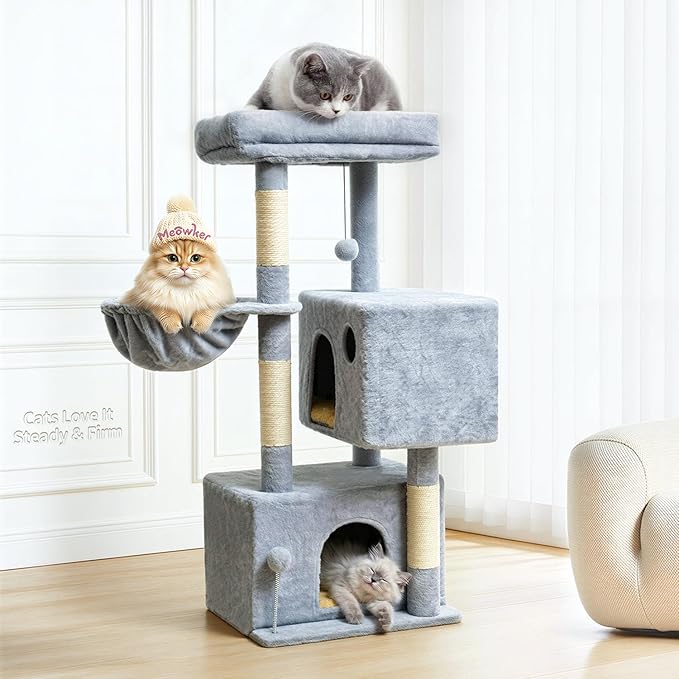 Cat Tree Tower House Condo Small Scratching Post, 40" Corner Kitty Climbing Stand with Hammock for Indoor, Medium Modern Carpet Bed Platform for Kittens, Simple Apartment Cat Furniture