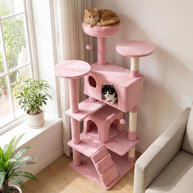 Tangkula Pink Cat Tree Tower, 52 Inch Multi-Level Cat Tower with Sisal Scratching Posts, Cushioned Top Perch, Large Dual Condos & Ladder, 2 Hanging Balls, Jumping Platforms for Indoor Cats (Pink)