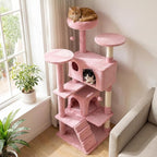 Tangkula Pink Cat Tree Tower, 52 Inch Multi-Level Cat Tower with Sisal Scratching Posts, Cushioned Top Perch, Large Dual Condos & Ladder, 2 Hanging Balls, Jumping Platforms for Indoor Cats (Pink)