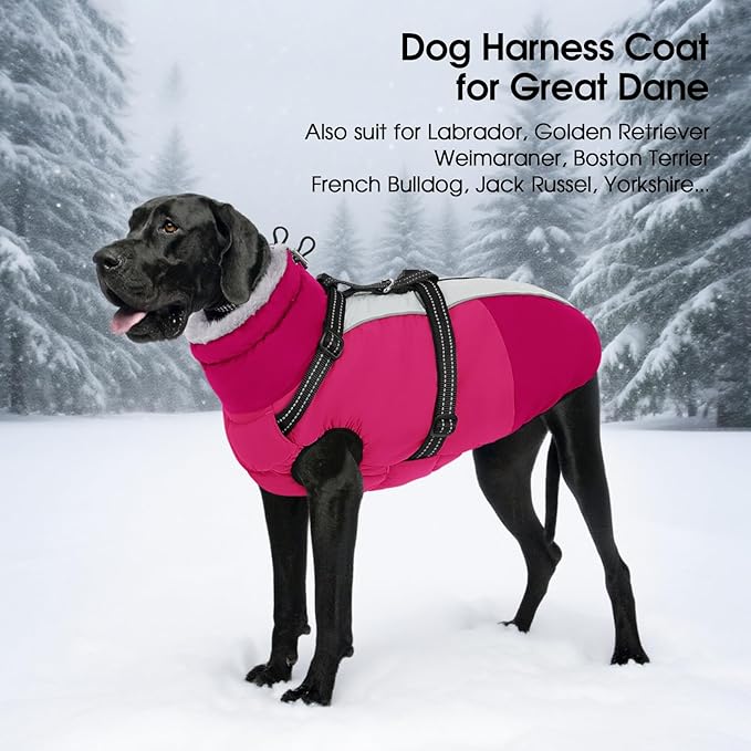 SUNFURA Dog Coat for Small Dogs, Warm Dog Winter Jacket with Harness Built in, Waterproof Pet Snow Jacket Fleece Cold Weather Coats for Puppy Chihuahua, Maltese, Hot Pink XS