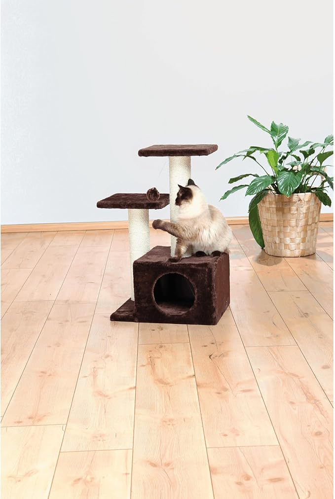 TRIXIE Valencia Scratching Post with Condo, Two Platforms, Dangling Cat Toy, Brown