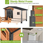 GUTINNEEN Outdoor Wooden Dog House with Metal Frame, Porch and Ventilation Window, Weatherproof Shelter for Small to Medium Dogs, 44.6" L x 41.1" W x 32.9" H (Brown)
