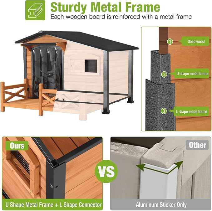GUTINNEEN Heated Dog House Outdoor Dog Kennel with Safe Heated Pad, Chew-Proof Metal Frame and Insulated Liner for Small to Medium Dogs, 44.6" L x 41.1" W x 32.9“H (Brown)