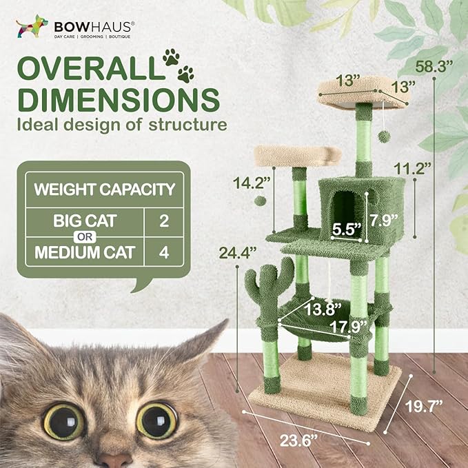 Cactus Cat Tree, Multi-Level Cat Activity Tower with Plush Perch, Scratching Posts, Ramp & Cat Cave Condo for Large Cats & Kittens, 58-Inch