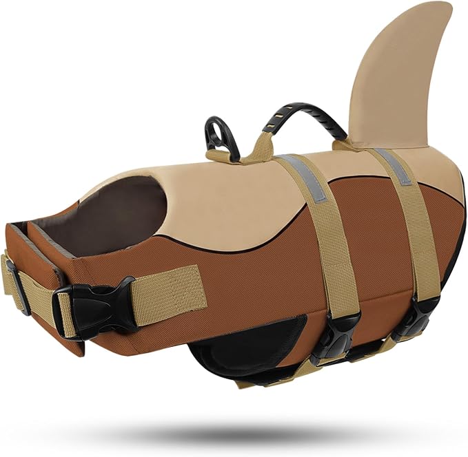ASENKU Dog Life Jacket - Pet Safety Vest for Swimming & Boating, Shark Life Jacket with Floatation, Dog Lifesavers Swimsuits for Small Medium Large Dogs (Brown, M)