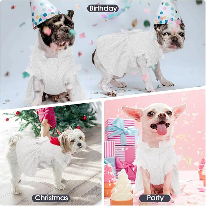 Kuoser Dog Dress, Cute Dog Dresses for Small Dogs Girl Elegant Puppy Tutu with Bow-Knot, Doggie Princess Costume Pet Outfit for Birthday Party Christmas Halloween Wedding, White XS