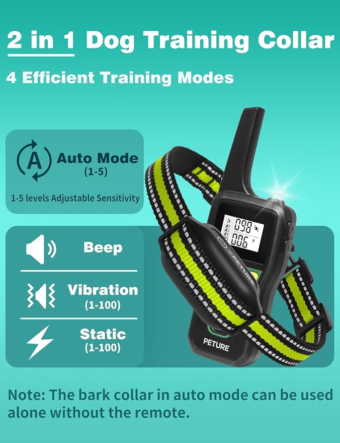 Bark Collar with Remote, 3300Ft 2-in-1 Bark and Training Collar Combo with Beep Vibration Static & Auto Mode, IPX7 Waterproof Automatic Bark Collar for 7-120lbs Small Medium Large Dog (2 Pack)