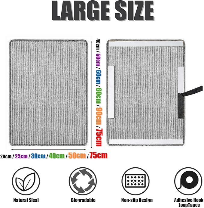 Cat Scratcher Mat Natural Sisal Fabric Cat Scratching Pad Couch Protector Horizontal Floor Cat Carpet Easy Use for Indoor Cats, Grey, 12" x 16"