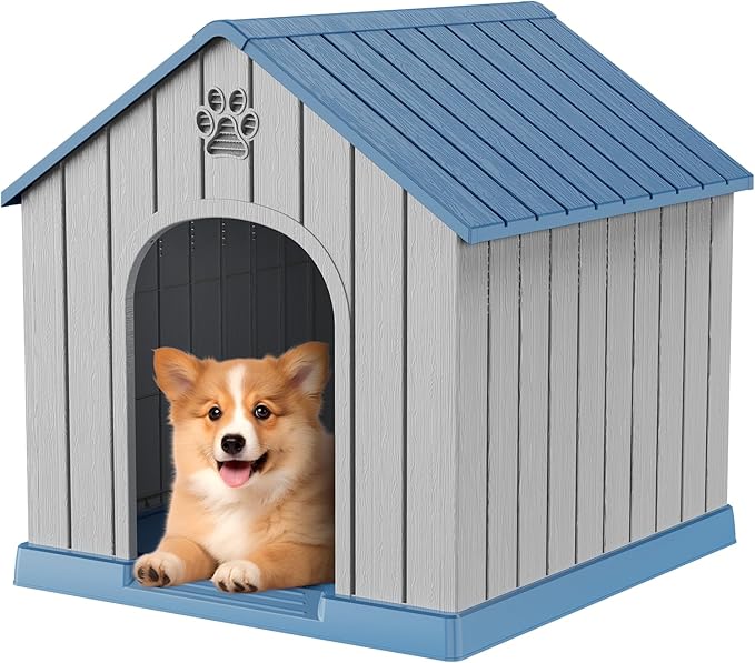 VIXZEN Dog House Outdoor, 26 Inch Resin Dog House Indoor Small Dog - Waterproof & UV-Resistant, Hidden Vents & Stable Structure, Easy Assembly, Versatile Storage, All-Weather Doghouse Outdoor (Blue)