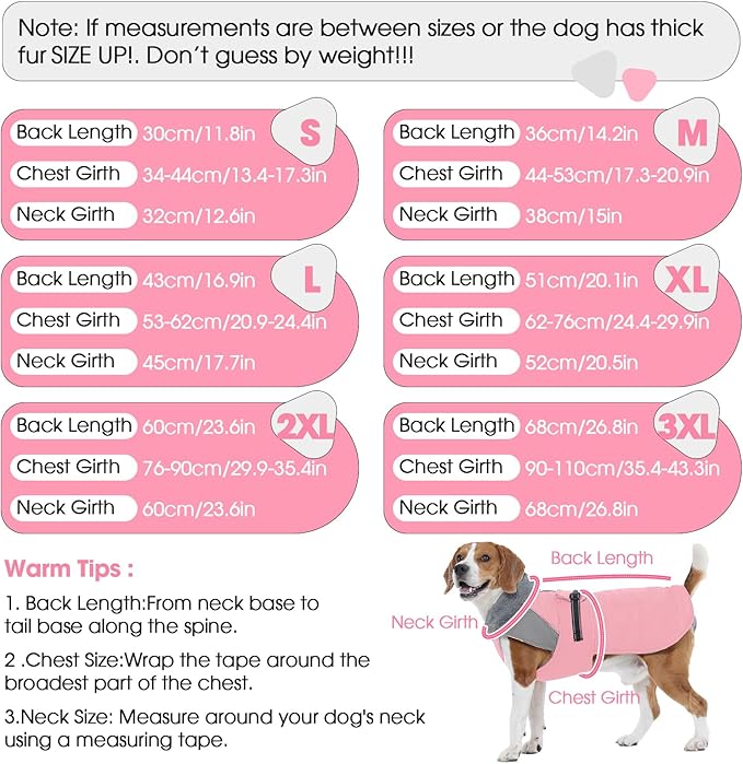 Nanaki Warm Fleece Lined Furry Collar Winter Coats Jackets Vests for Dogs, Waterproof Reflective Dog Snowsuit with Leash Hole Outdoor Walking Hunting, Easy On Pullover Medium Dog Puppy Coat Pink XL
