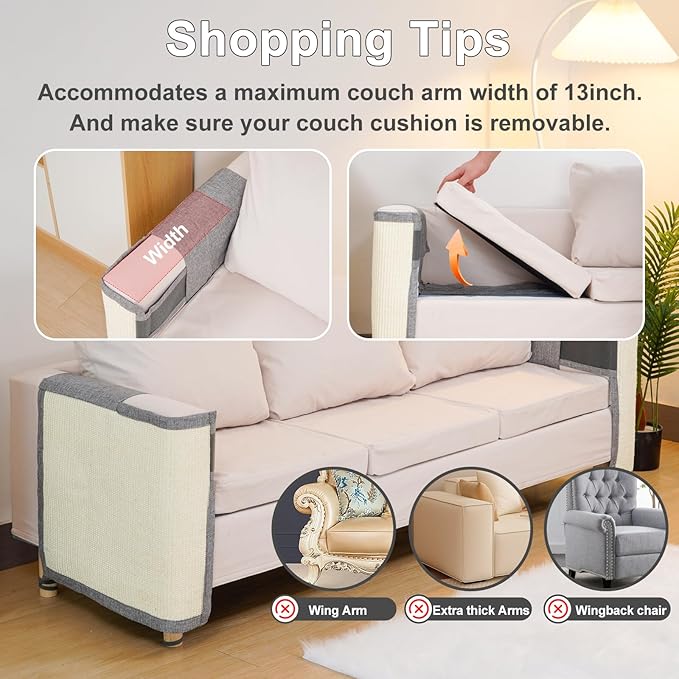 Uross Cat Couch Protector, Natural Sisal Scratch Guards for Cats - Left&Right, 23.6*19.7 inches, Durable, Easy to Install, Grey