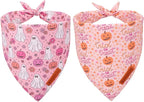 ADOGGYGO Halloween Dog Bandana, Pink Pumpkin Ghost Scarf, Adjustable Fit Female Halloween Bandanas for Medium Large Dogs Pets (Large)