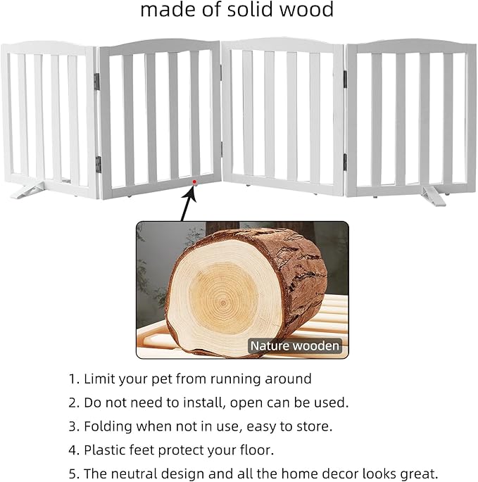 Freestanding Dog Gate Indoor,Doggie Gate Foldable Dog Gates for Doorways,Stairs or Hallways, Wooden White Pet Gate for the House, Pet Fence with Support Feet Included,32 "Height-4 Panels