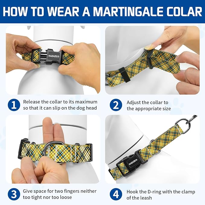 Kazazoo Martingale Collar for Dogs with Quick Release Buckle Adjustable Soft Durable Dog Collar for Small Medium Large No Pull Training Dog Collars-Yellow&Blue Plaid M
