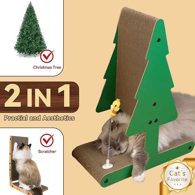 Nekosan Christmas Cat Scratcher, Vertical Cat Scratching Post, Cardboard Cat Scratcher with Ball for Indoor Cats, Large, Tree