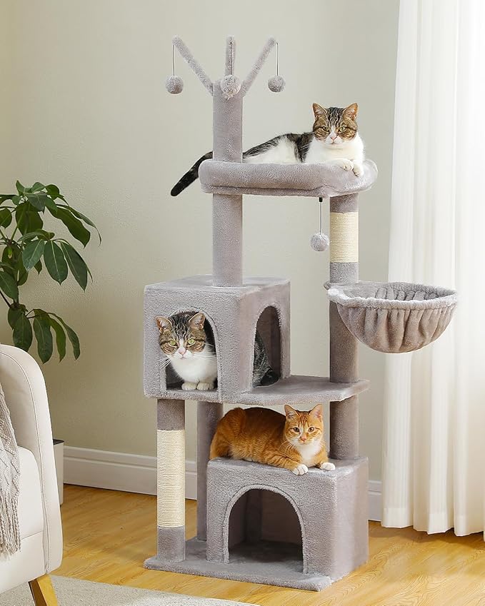 53-Inch Tall Cat Tree with 2 Condos for Indoor Cats,Cat Tower with Scratching Posts for Small Cats,Grey Cat Tree Tower with Hammock and Cat Toys