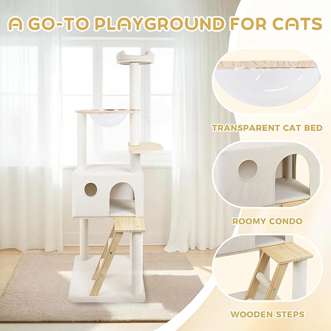 Adorable Flower Cat Tree Tower – Multi-Level Cat House with Cozy Condo, Scrat Ching Posts, Hammock & Play Perch for Indoor Cats, Large Top Perch, Hammock, Tall Pet Climbing Stand (White 65”)