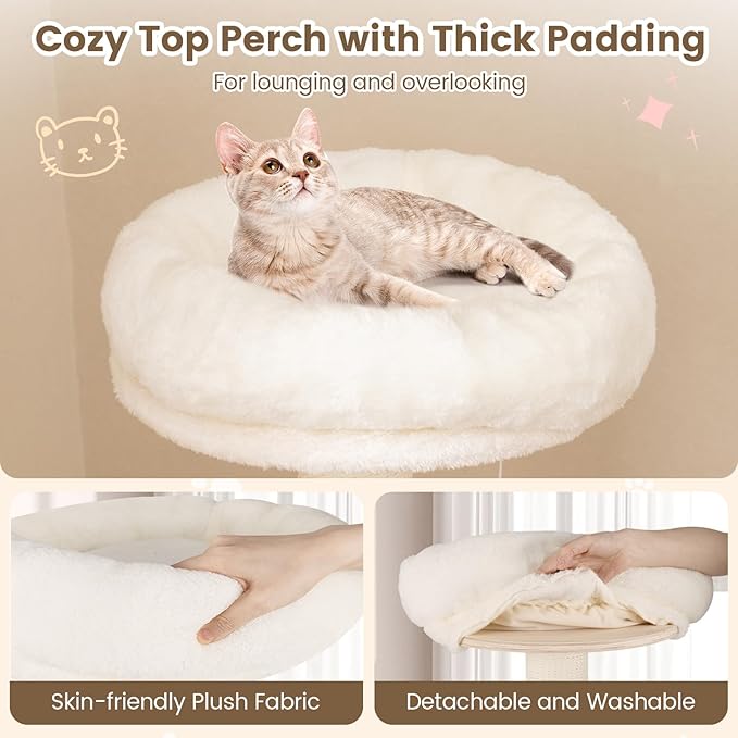 PETSITE 52 Inches Wooden Cat Tree, Multi-Level Modern Cat Tower with Scratching Posts, Space Capsule, Condo, Interactive Hanging Ball, and Top Perch with Removable and Washable Cushions