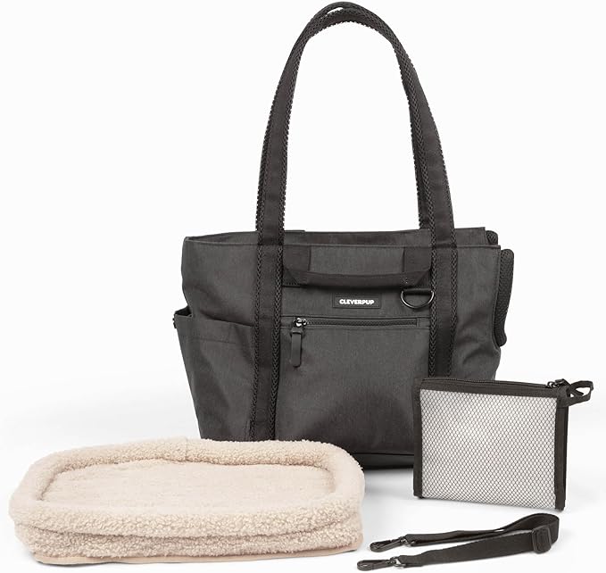 Cleverpup Transit Tote Dog Carrier for Small Dogs up to 8 lbs, 16x11x8 Soft-Sided 4-Pc Set with Waterproof Base, Plush Insert, Food Pouch, Mesh Head Opening - Small, Graphite Graphite