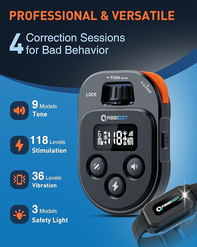 ABBIDOT Shock Collar for Dogs, 4500FT Dog Training Collar with Remote，IPX7 Waterproof Rating，6 Training Modes (Beep, Vibration, Safe Shock), Enhanced Night Light, Rechargeable E-Collar （10-130 lbs）