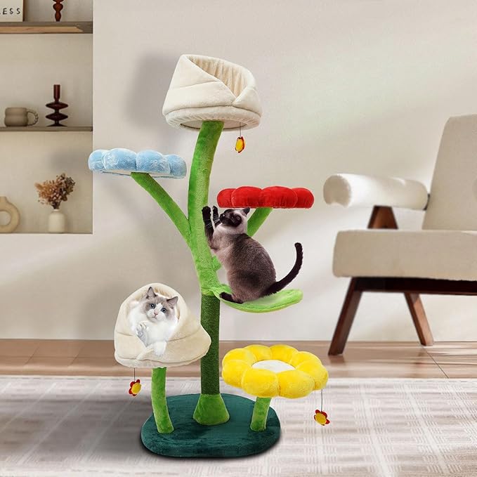 6-Tier Cat Flower Tree, 63.8inches Tall Cat Tower, Multi-Level Cat Tower 22lbs Load Capacity, Cat Climbing Frame, Flower-Themed Cats Tree with Cat Nest & Scratching Posts (Colorful)
