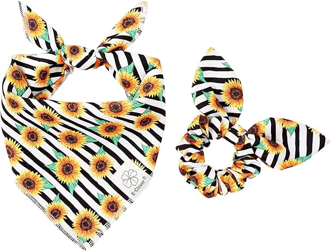 E-Clover Dog Bandanas & Matching Scrunchie Set Sunflower Dog Bandana Scarf Bibs for Medium Large Dogs Girl Pet Owner Birthday Gift Stripe