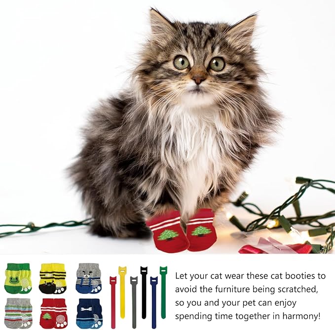 24Pcs Cat Mittens to Prevent Scratching,Cute Patterned Non Slip Cat Booties,Multi Colored Cats Shoes with Adhesive Tabs,Ideal for Bathing Cats,Trimming Nails Walking Puppies