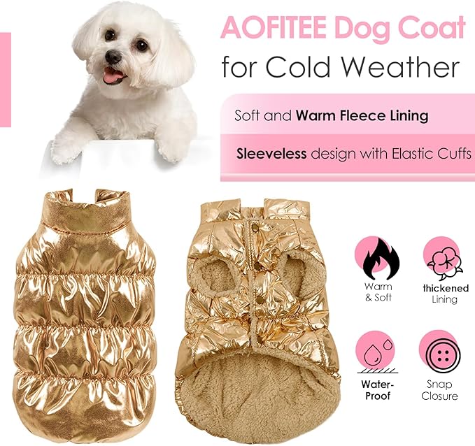 AOFITEE Dog Winter Coat, Waterproof Dog Jacket, Warm Small Dogs Coat, Fleece Dogs Puffer Jacket, Windproof Pet Snowsuit, Cozy Female Male Pet Snow Jackets Fleece Vest with Snap Closure, Gold, Medium