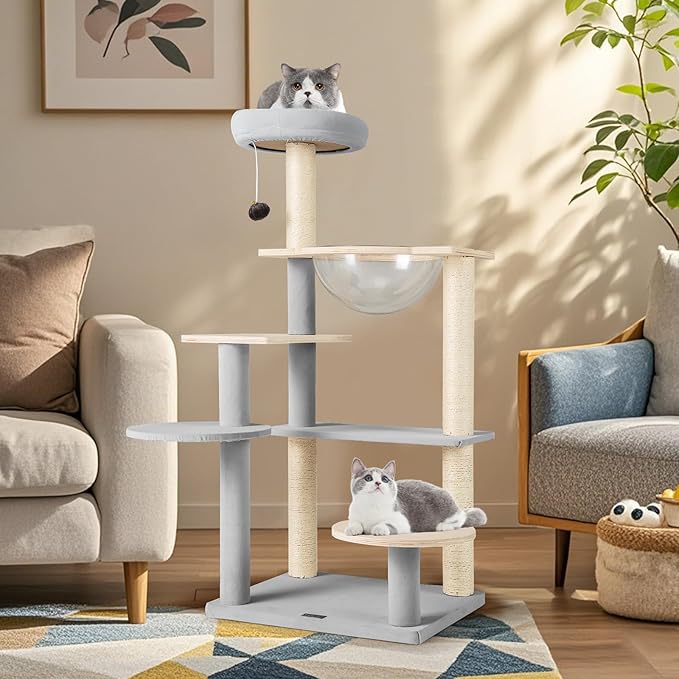 PETSITE 44 Inch Modern Cat Tree, Multi-Level Cat Tower with Sisal Scratching Posts, Space Capsule, and Dangling Toy with Bell, Wooden Cat Tree Tower for Indoor Cats, Grey