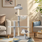 PETSITE 44 Inch Modern Cat Tree, Multi-Level Cat Tower with Sisal Scratching Posts, Space Capsule, and Dangling Toy with Bell, Wooden Cat Tree Tower for Indoor Cats, Grey