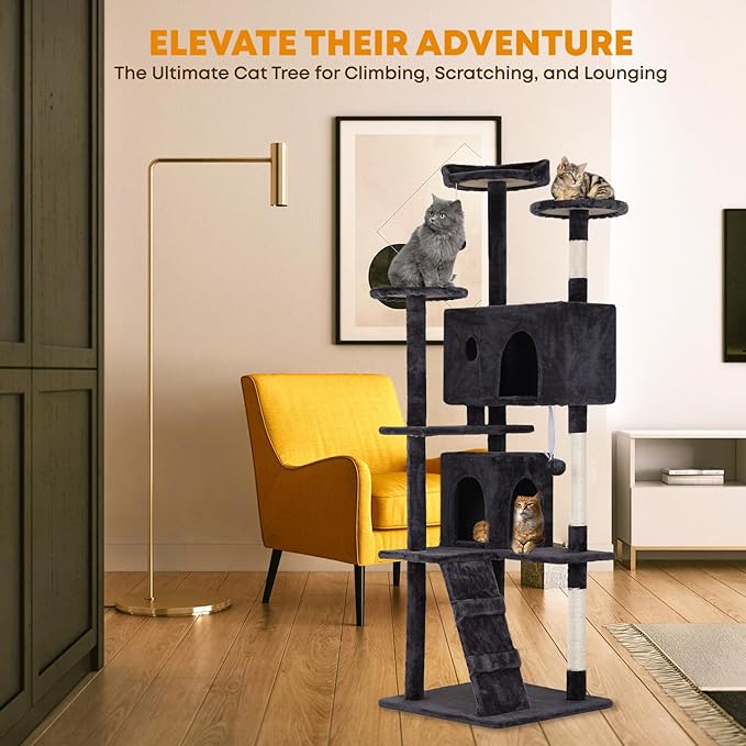 70in Cat Tree for Indoor Cats, Cat Tower with Cat Scratching Post, Multi-Level Cat Furniture, Cat Tower with Funny Toys for Kittens-Dark Gray