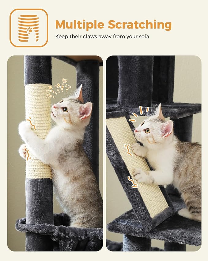 71" Tall Cat Tree for Large Cat 20 lbs with Super Large Hammock, Heavy Duty Cat Tower with 4 Sisal Scratching Posts & 2 Spacious Condos for Big Adult Cats Maine Coon -Dark Grey
