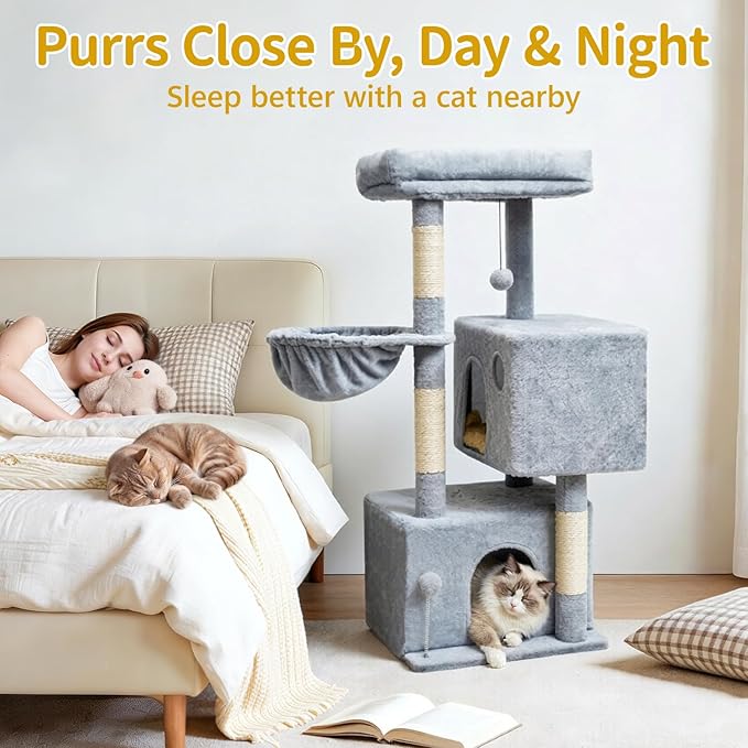 Cat Tree Tower House Condo Small Scratching Post, 40" Corner Kitty Climbing Stand with Hammock for Indoor, Medium Modern Carpet Bed Platform for Kittens, Simple Apartment Cat Furniture