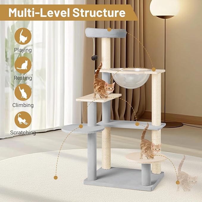 PETSITE 44 Inch Modern Cat Tree, Multi-Level Cat Tower with Sisal Scratching Posts, Space Capsule, and Dangling Toy with Bell, Wooden Cat Tree Tower for Indoor Cats, Grey
