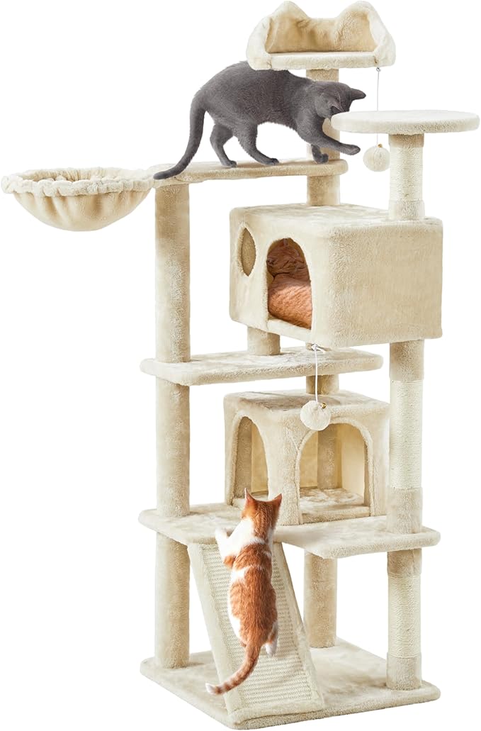 Yaheetech 57 inches Cat Tree for Indoor Cats, Multi-Level Cat Tower w/ 3 Perches, 2 Cat Condos, 2 Hanging Balls and Scratching Posts, Beige