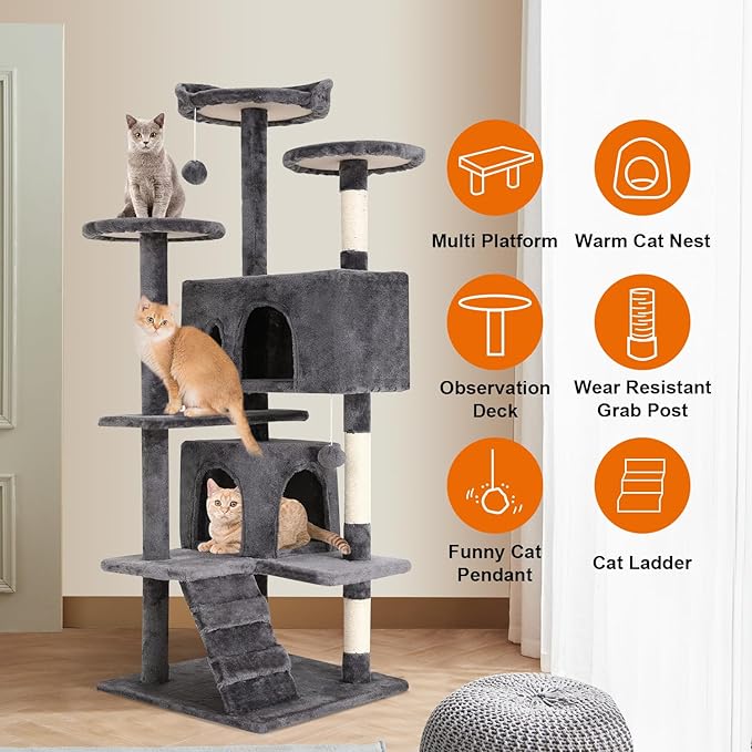 Cat Tree 69.3 inches Cat Tower for Indoor Cats Cat House with Replaceable and Removable Dangling Ball Cat Trees and Towers with Funny Toys, Light Gray