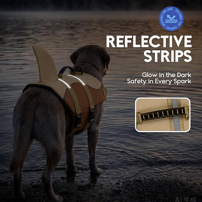 ASENKU Dog Life Jacket - Pet Safety Vest for Swimming & Boating, Shark Life Jacket with Floatation, Dog Lifesavers Swimsuits for Small Medium Large Dogs (Brown, S)