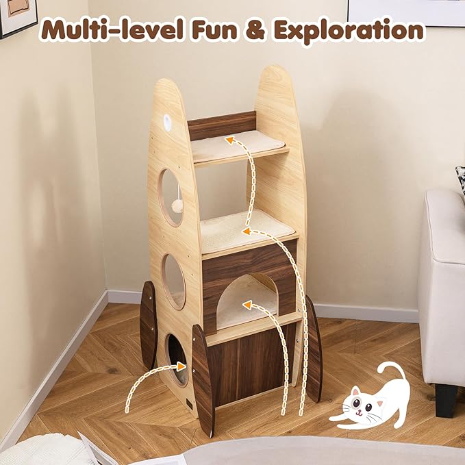 PETSITE 47-inch Rocket-Shaped Wood Cat Tree, Multi-Level Modern Cat Tower with Large Double-Layer Condo, Interactive Hanging Ball and Detachable Sisal Mats, Ideal for Indoor Cats