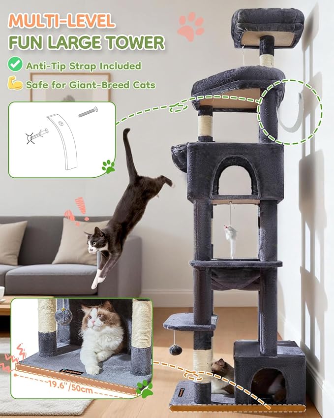 Taoqimiao 79 Inches XXL Cat Tree for Large Cats, for Oversized Cats, Multi-Level Cat Tower, 2 Spacious Cat Condo with 6 Scratching Posts, Hammcock & Cozy Basket, Cat Toys, Smoky Gray, S10G