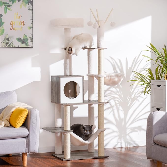 Hey-brother Wooden Cat Tree, 66.1“ Cat Furniture with Scratching Posts, Modern Cat Tower with hammocks, Toys, cat condo, Rustic Gray MPJ120SG