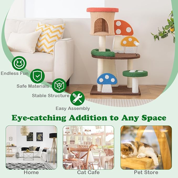 Mushroom Cat Tree, Multi-Layer Cat Tower with 2 Condos & Platforms, Cat Activity Center with Full-Wrapped Sisal Posts, Sisal Scratching Boards & Interactive Balls for Indoors (40.5")