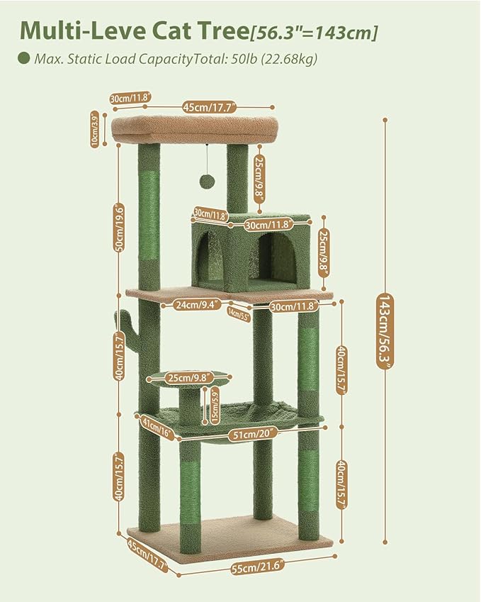 PEQULTI Cat Tree for Large Cats with Metal Frame Big Hammock, Cat Tower for Indoor Cats with 2 Door Condo House, [56.3"=143cm] Multi-Level Cat Shelves with Scratching Posts and Top Perch, Cactus Green